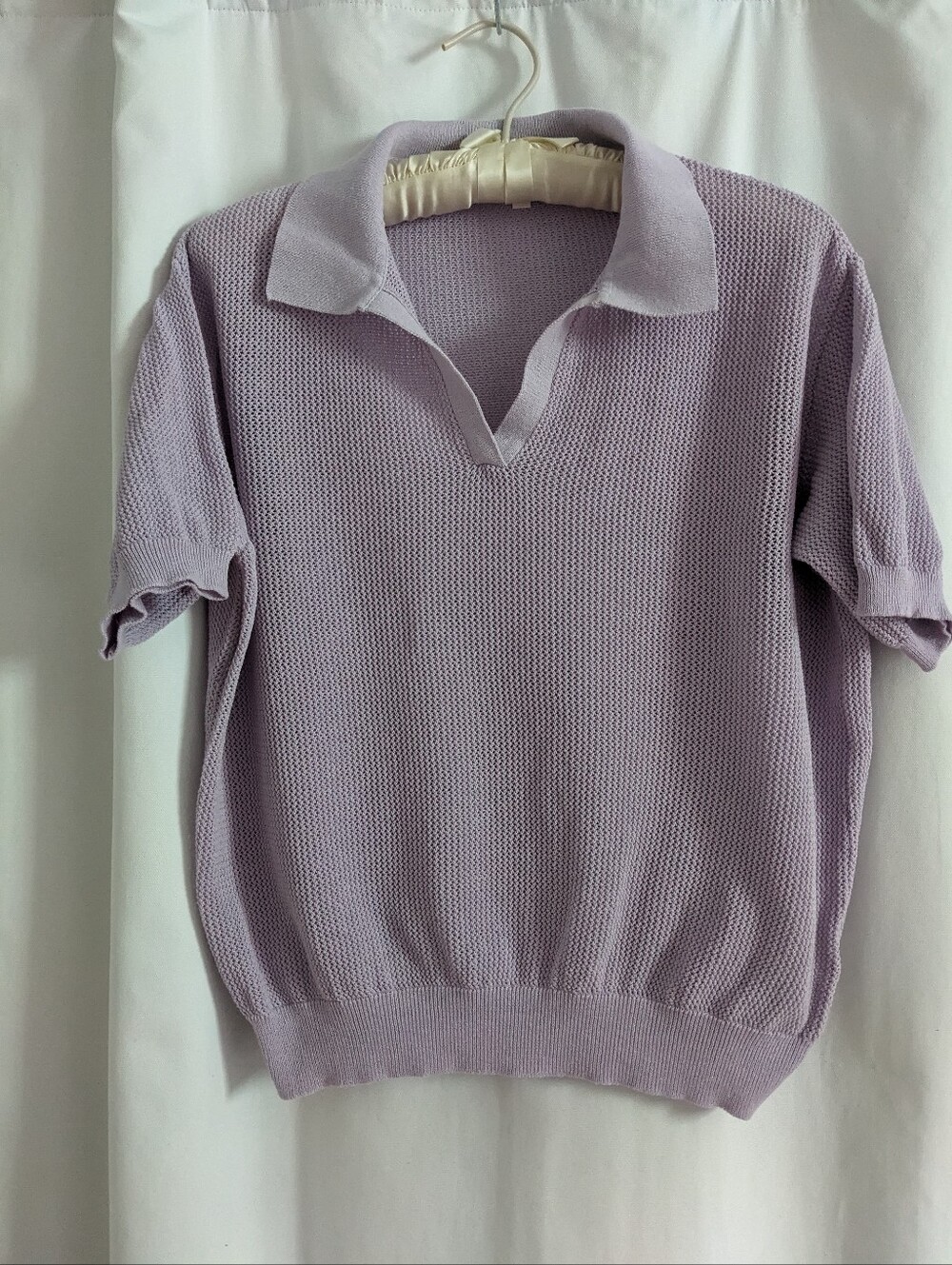 DemyLee New York 100% Cotton Waffle Knit Polo Short Sleeve Sweater Lavender Sz L